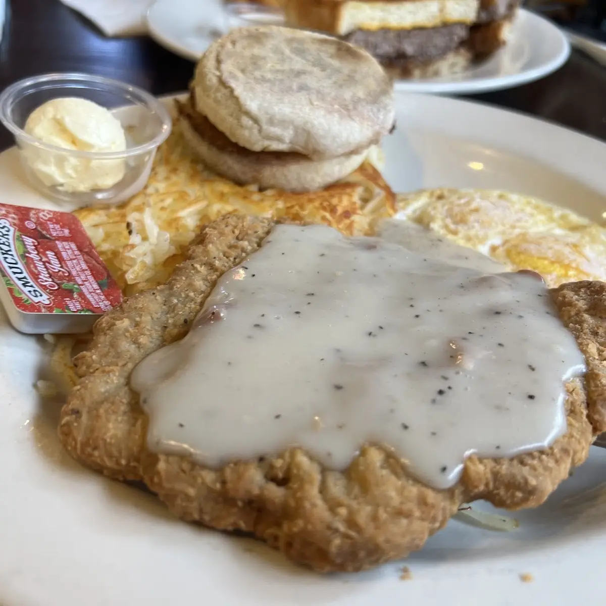 Country Fried Steak Eggs and Hash Browns