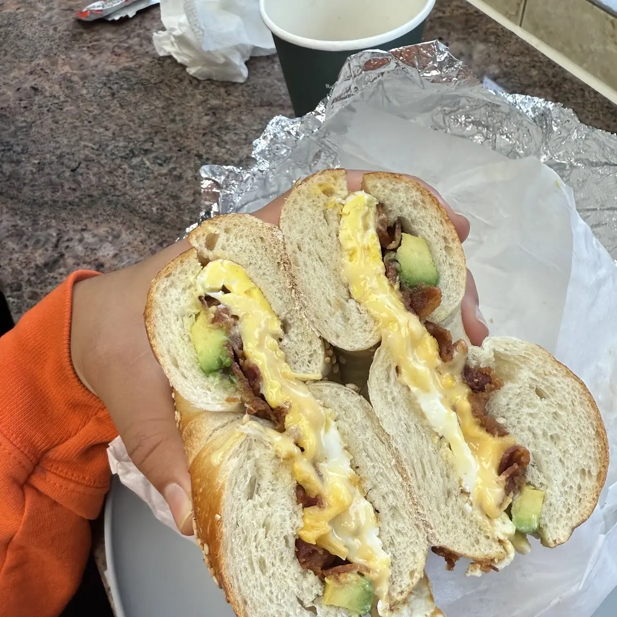 Bacon Egg and Cheese with Avocado on a Sesame Bagel