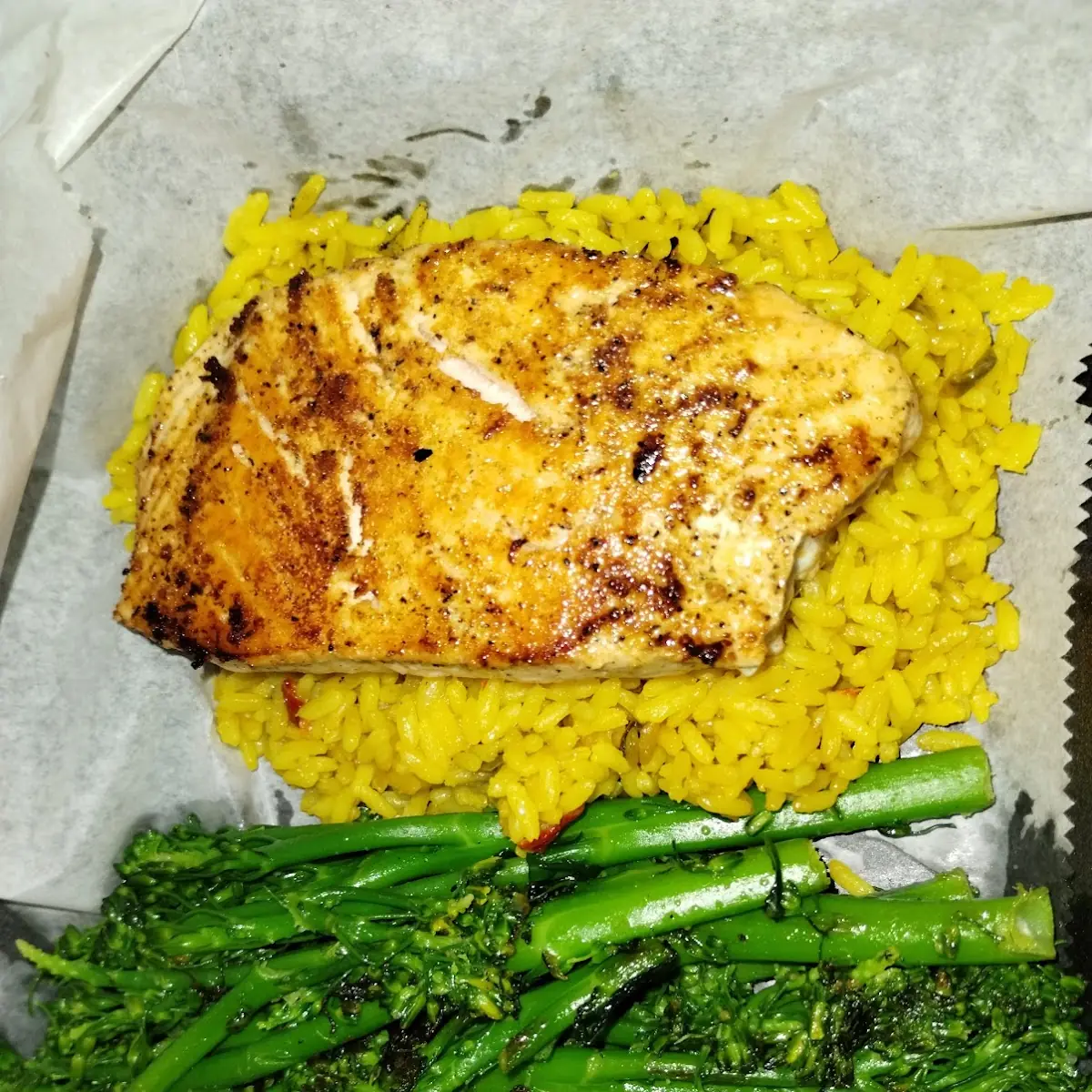 Salmon over Rice Asparagus