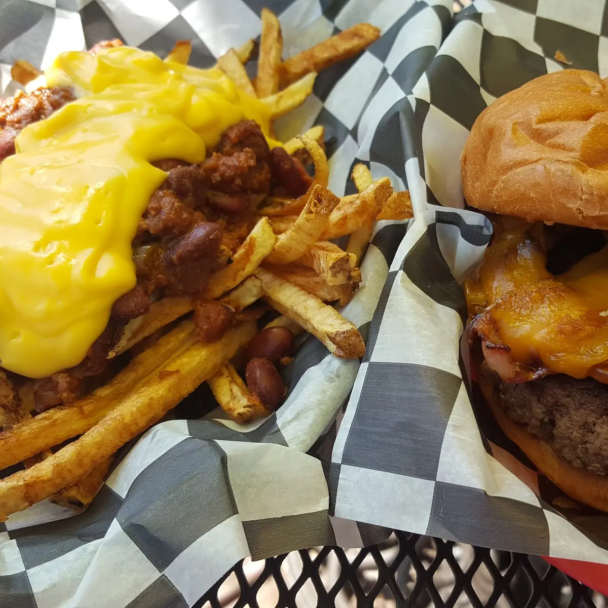Bacon Cheeseburger and Chili Cheese Fries