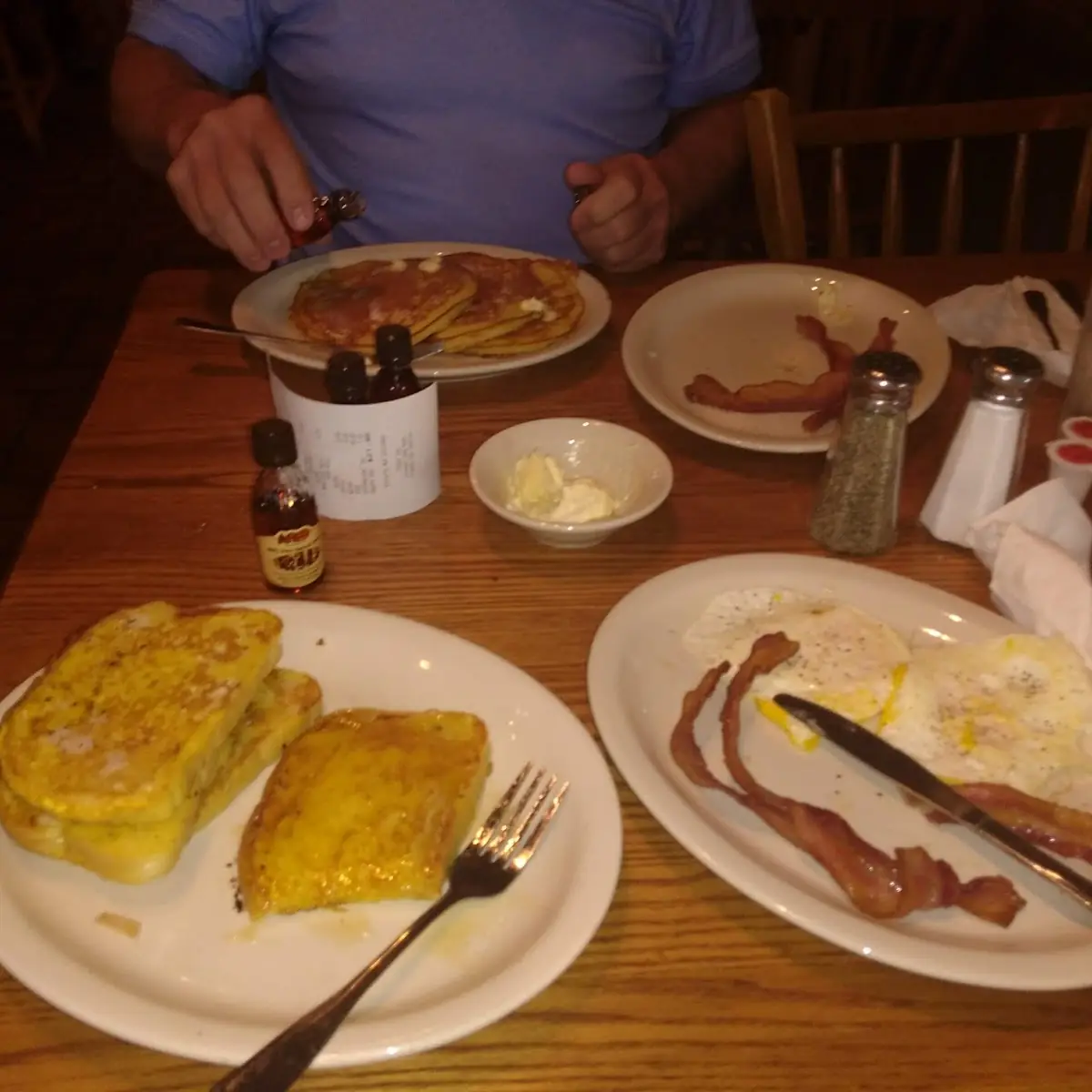 French Toast Bacon and Eggs and a Pancake Breakfast