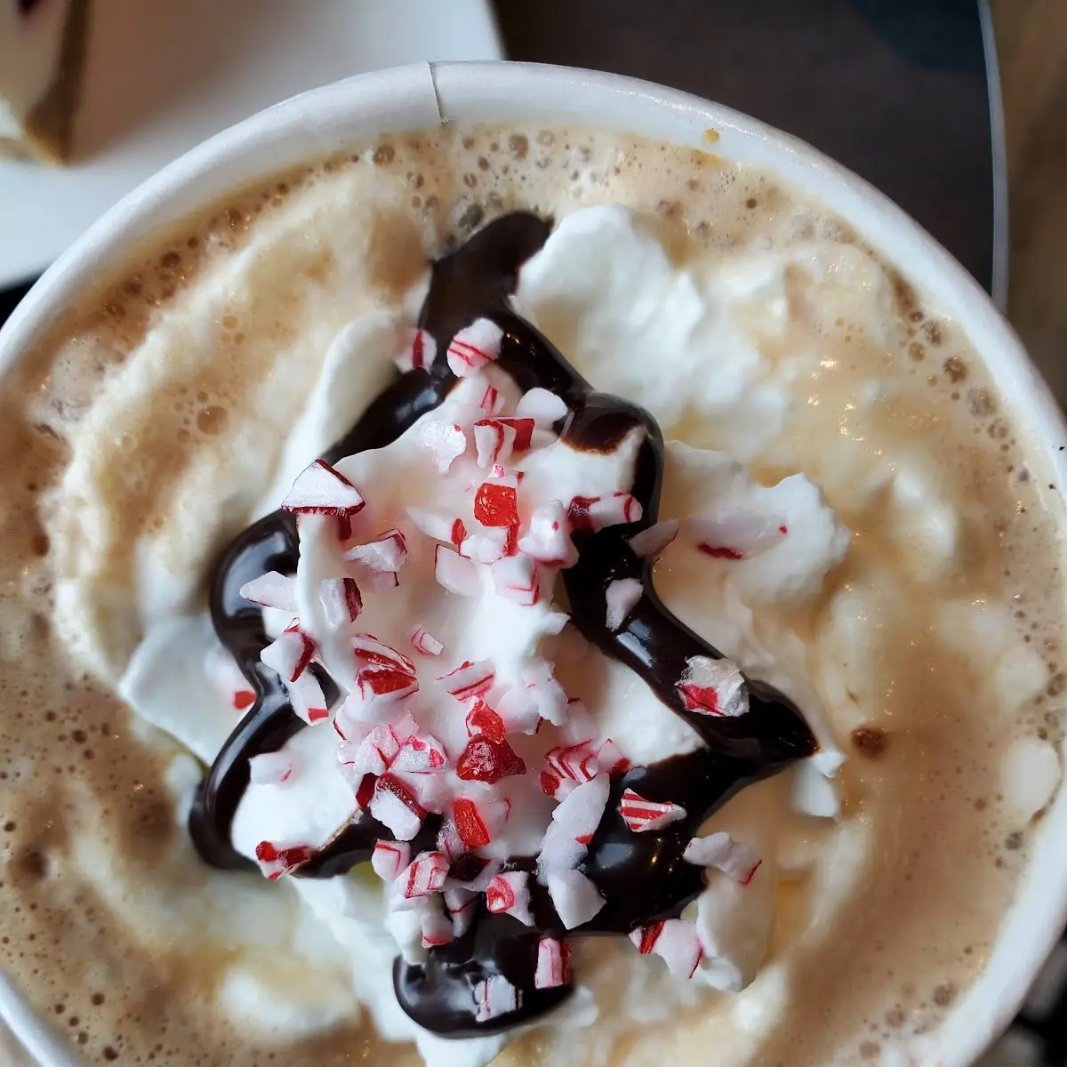 Peppermint Bark Mocha with a Christmas Tree Chocolate Sauce