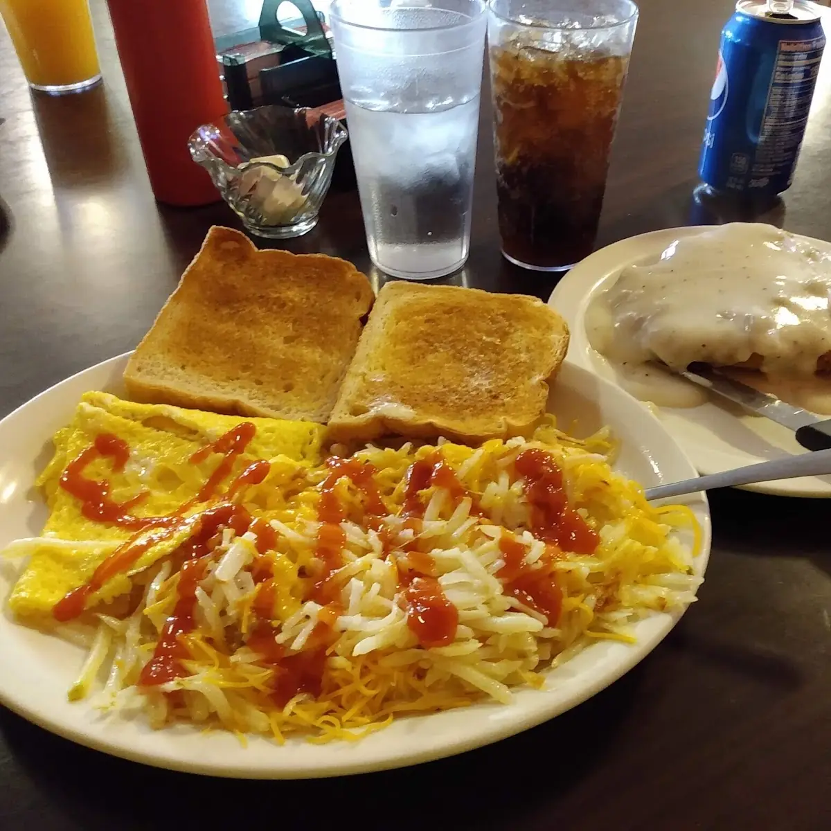 Country Fried Steak with Has Browns and Scrambled Eggs