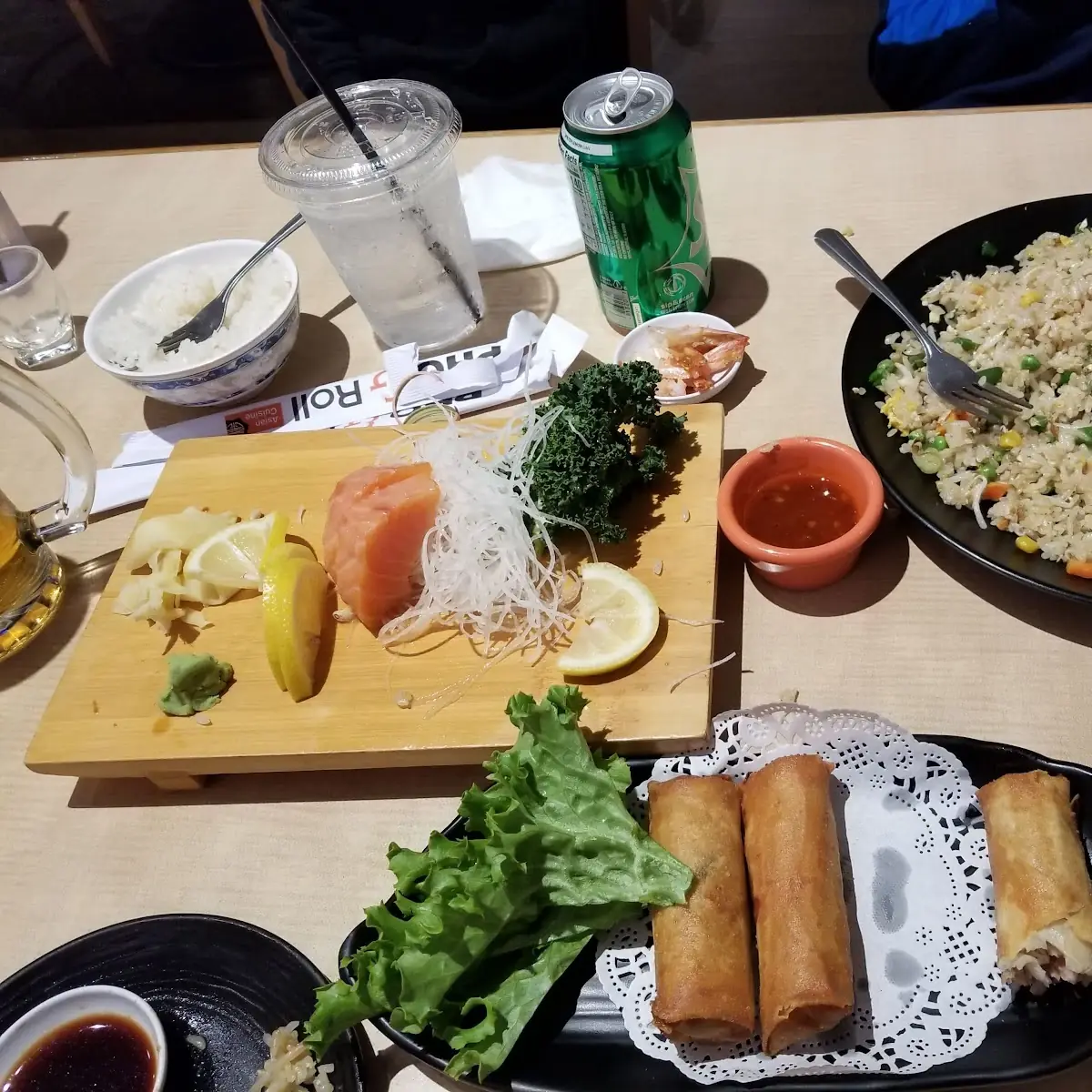Salmon Sashimi Pork Egg Rolls Fried Rice