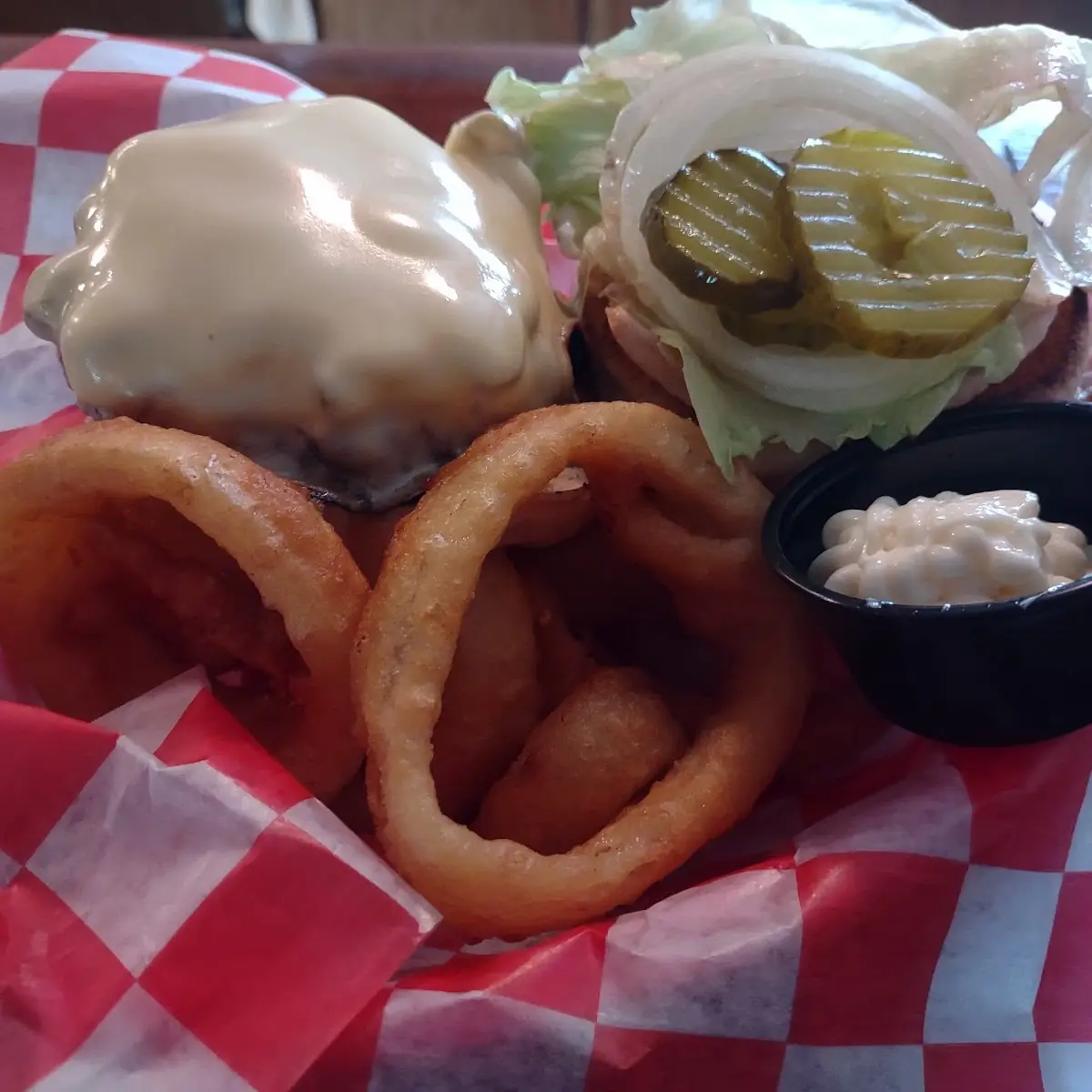 Olive Burger with Onion Rings