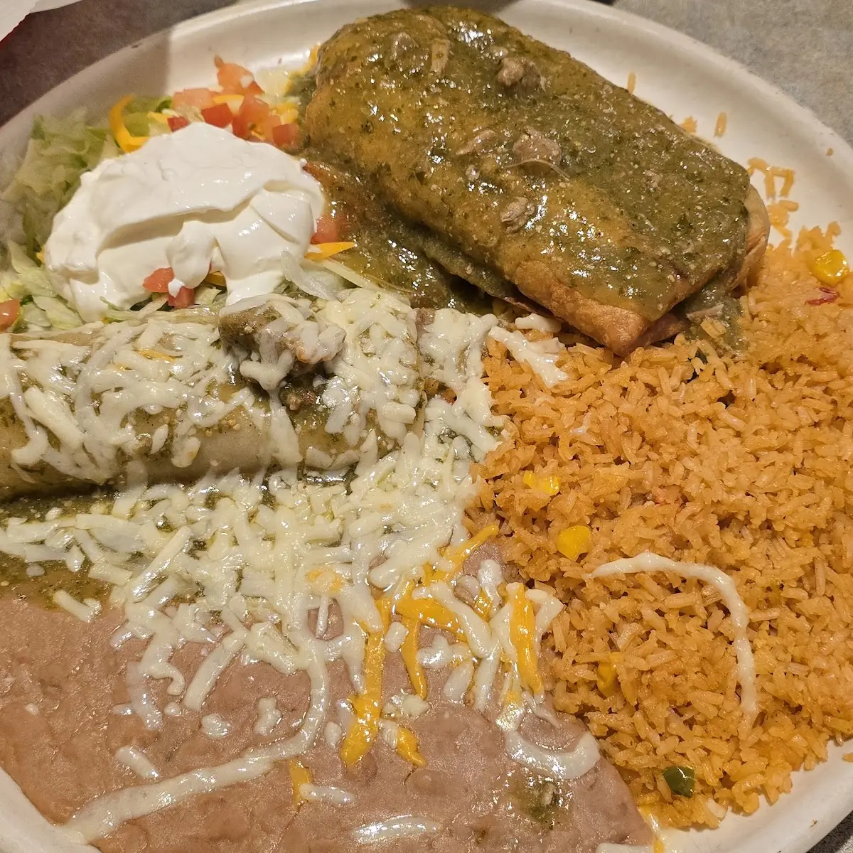 Chile Relleno Chicken Enchilada Rice an Beans