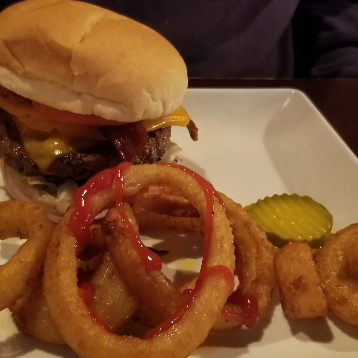Bourbon Bacon Cheeseburger with Onion Rings
