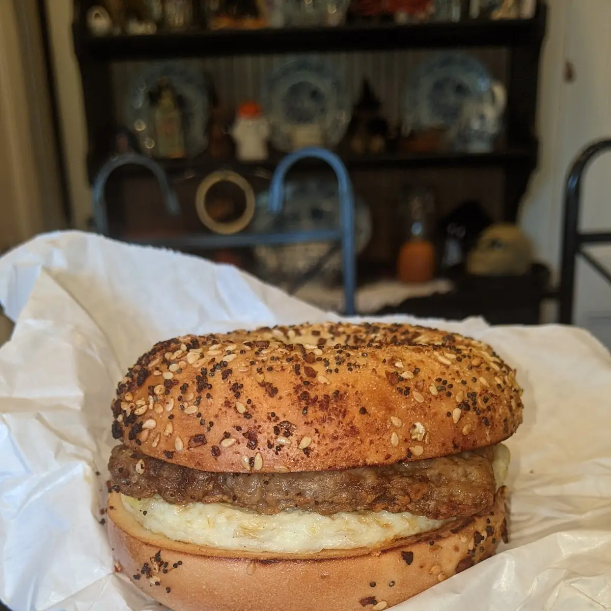 Turkey Sausage Egg and Cheese on a Everything Bagel