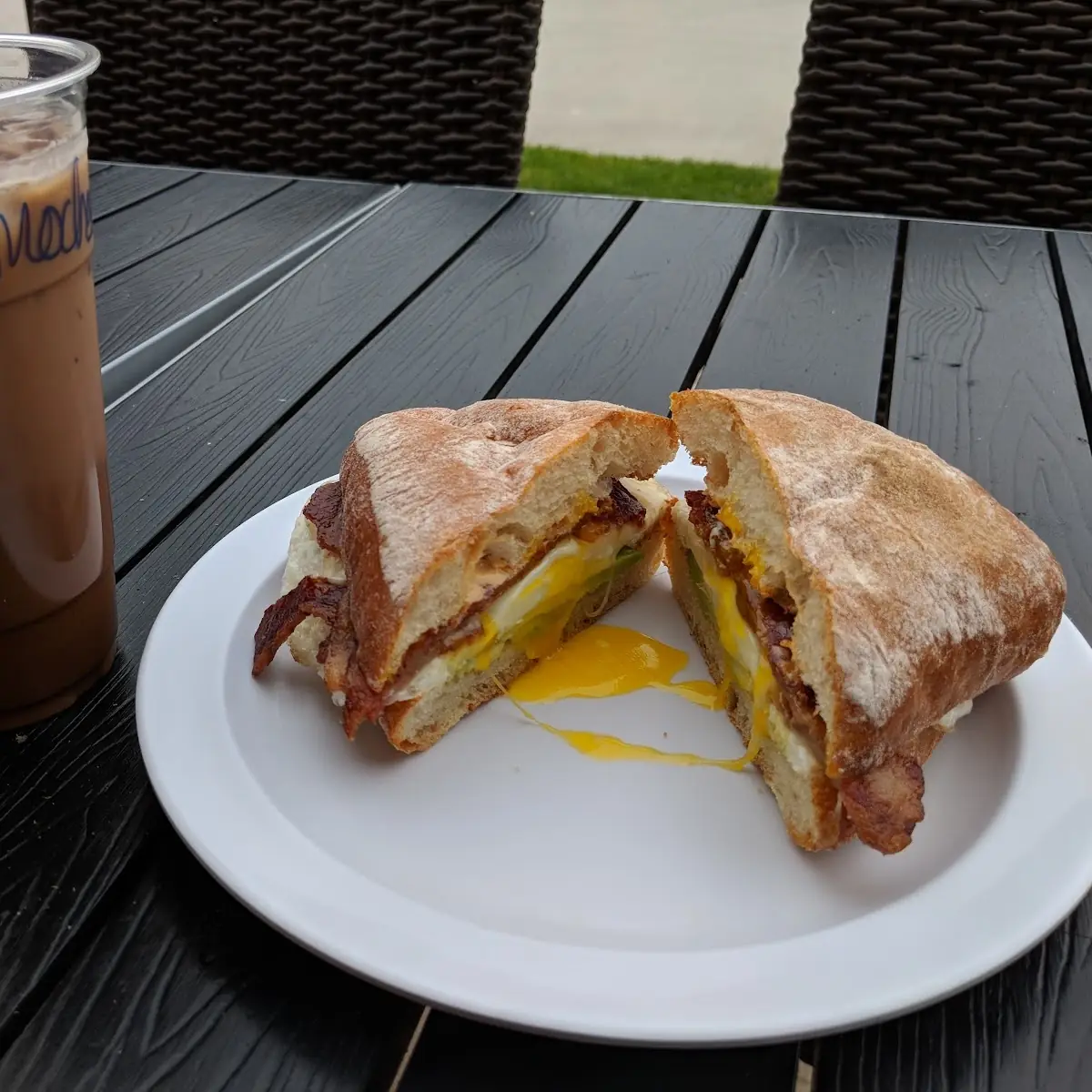 Large Iced Mocha and Running Egg Sandwich