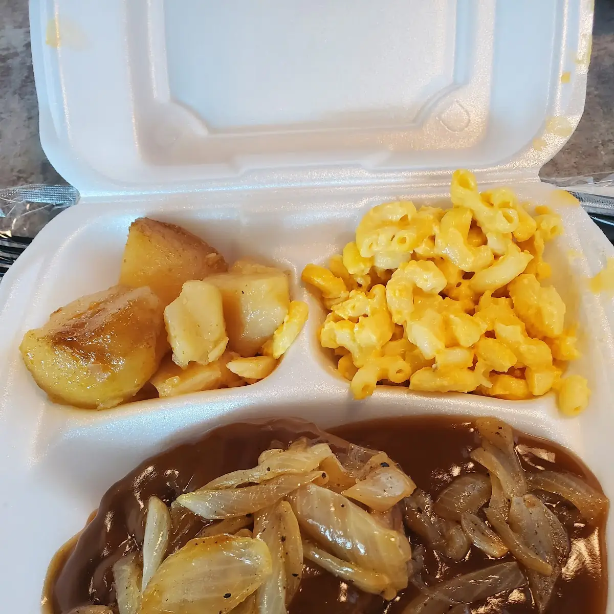 Hamburger Steak Dinner with Potatoes and Macaroni and Cheese