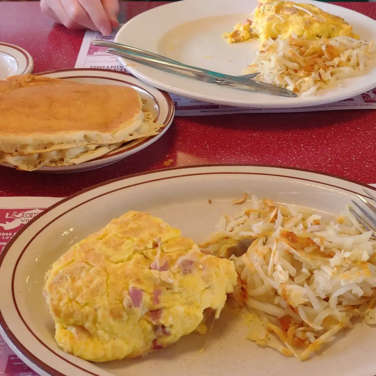 Omelette with Hash Browns and Pancakes