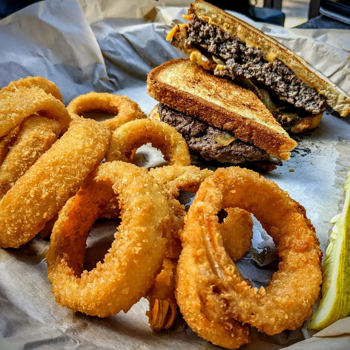 Patty Melt and Onion Rings