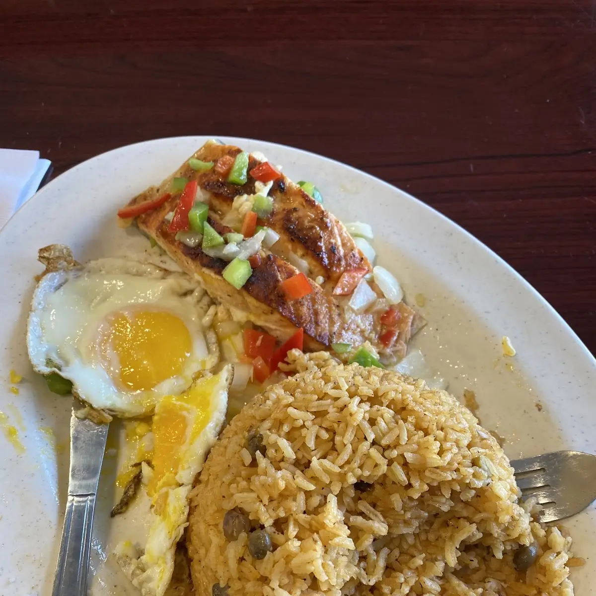 Salmon with Rice and Beans and Sunny Side Egg