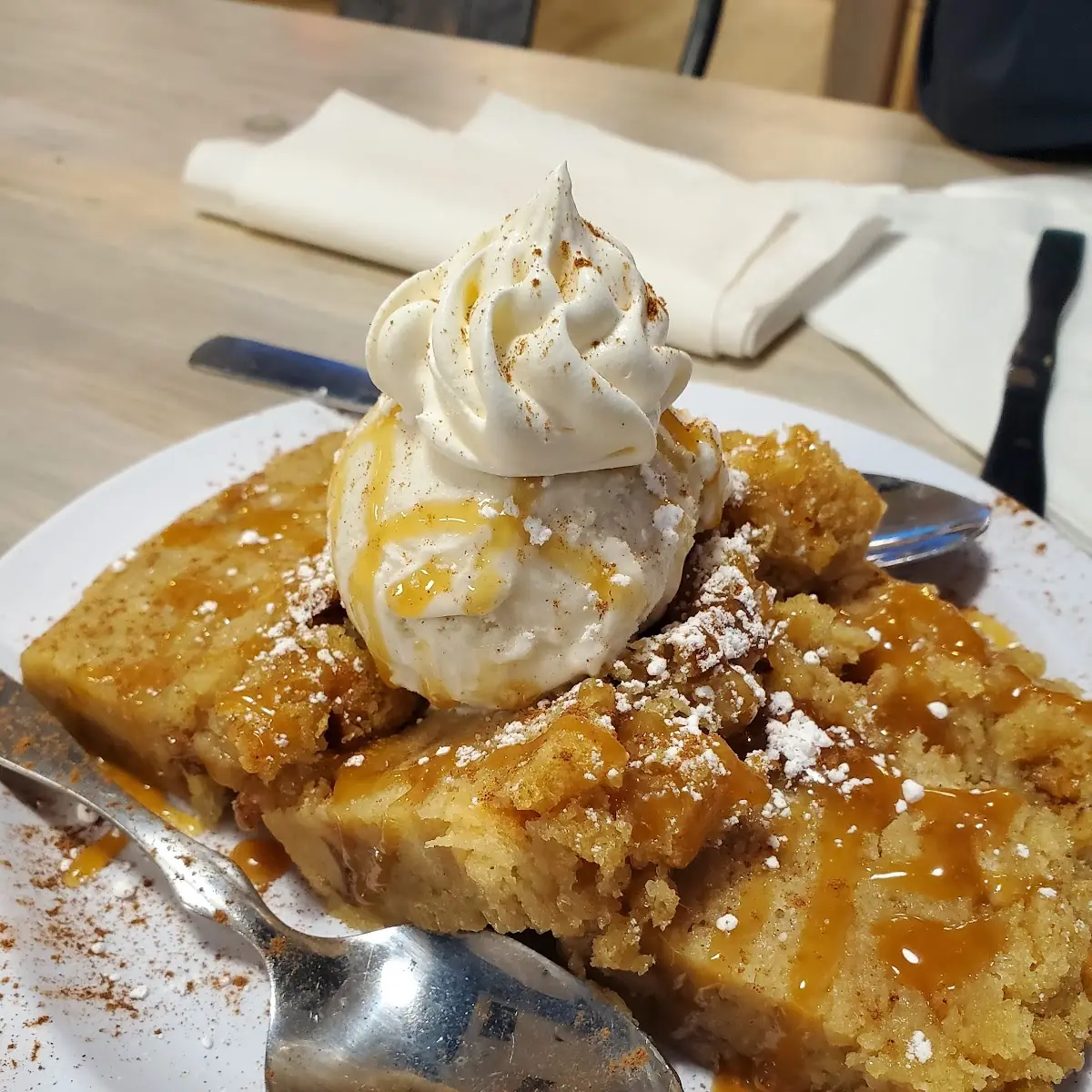 Bread Pudding with Vanilla Ice Cream and Caramel Sauce