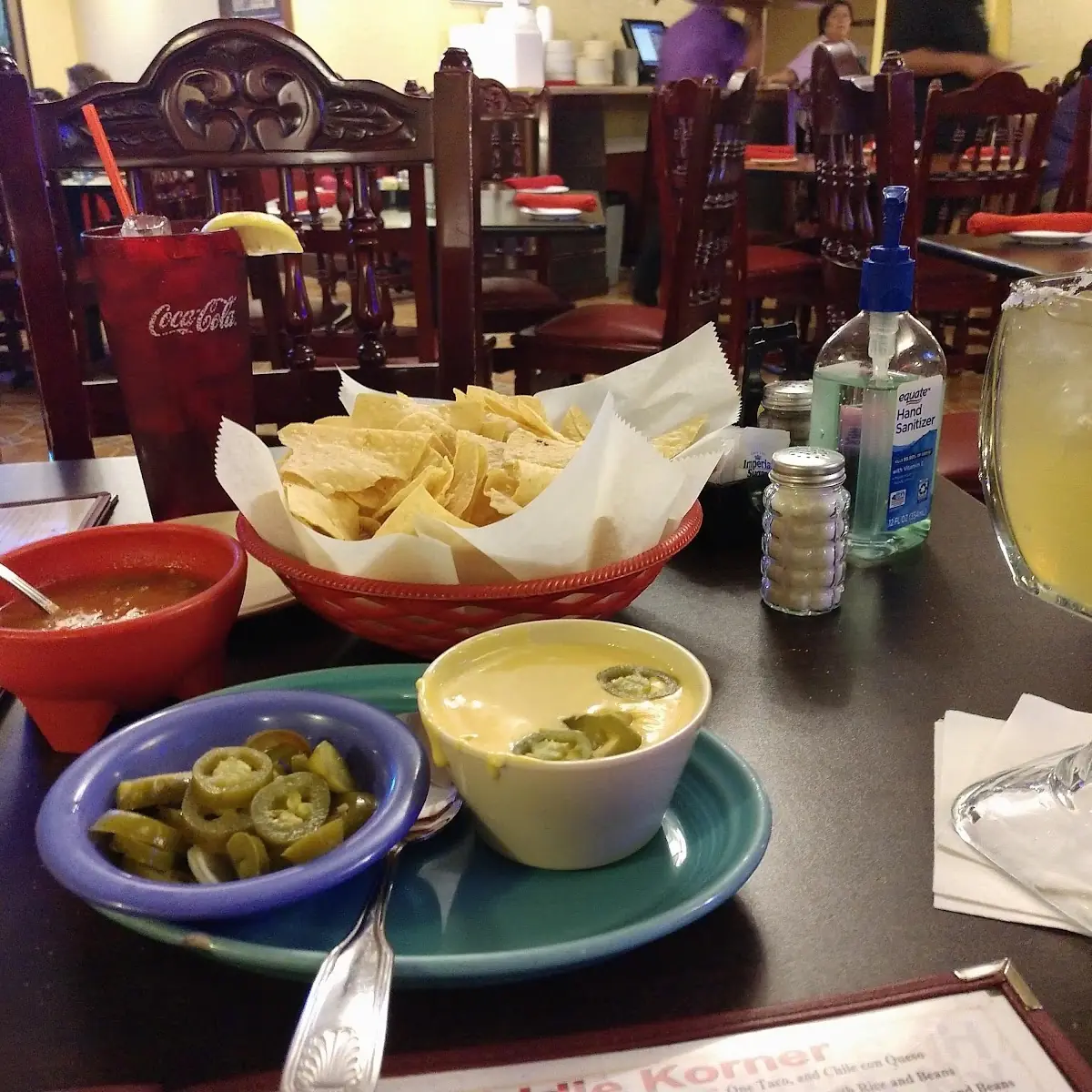 Chips Salsa Queso and Jalapenos