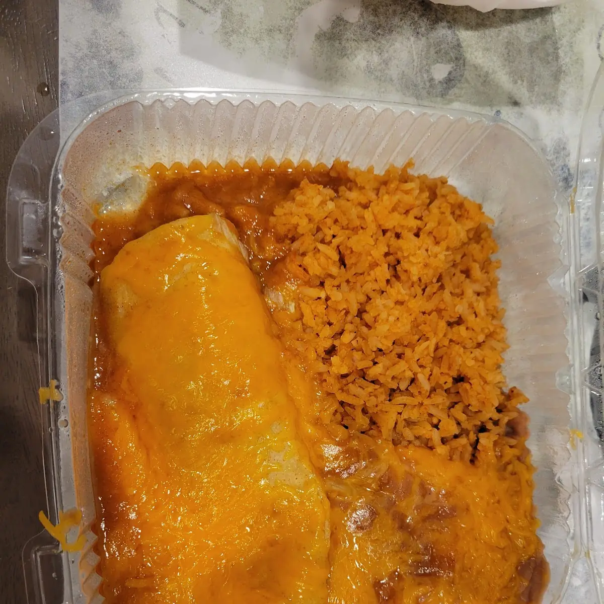 Shredded Beef Enchilada with Refried Beans and Rice