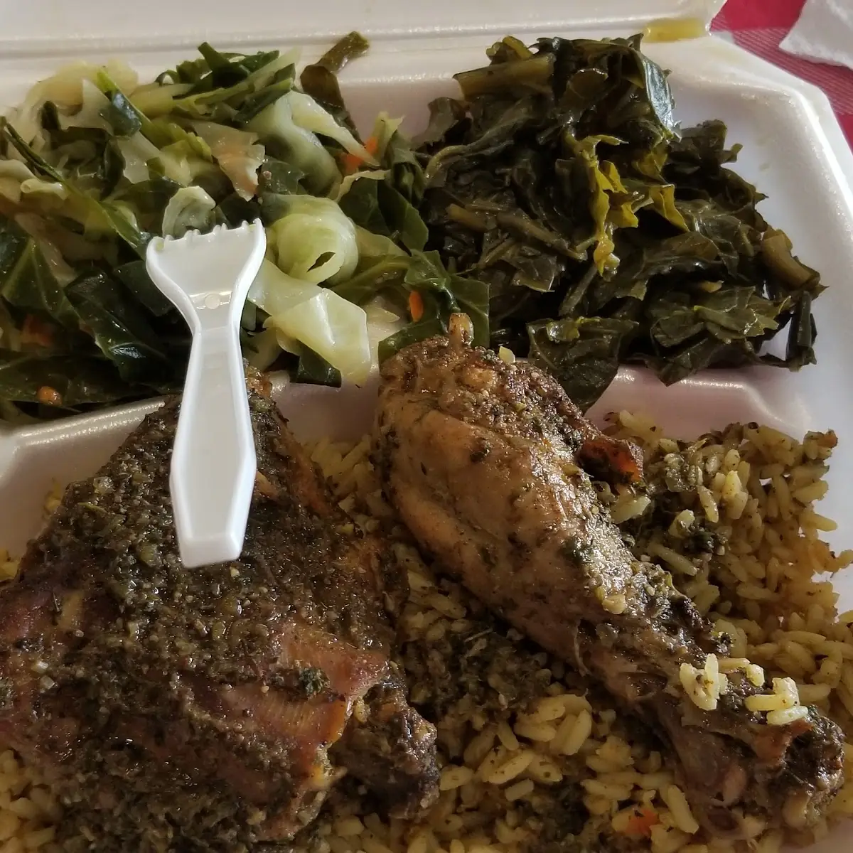 Jerk Chicken with Chicken Rice Collard Greens & Cabbage