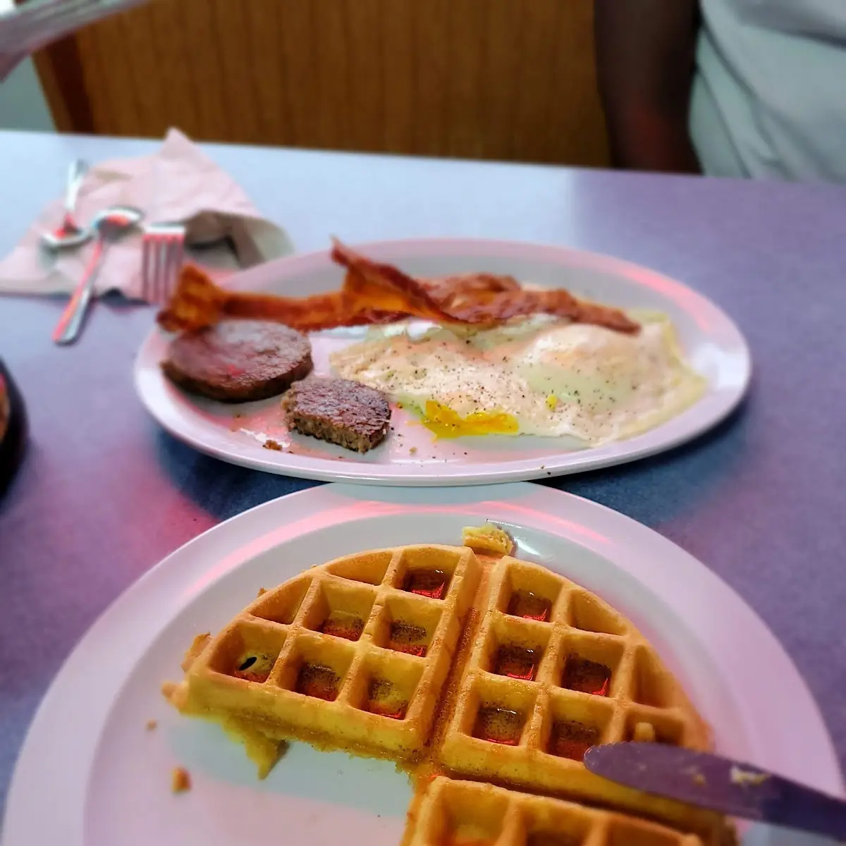 Waffles Eggs Well Done Bacon & Sausage