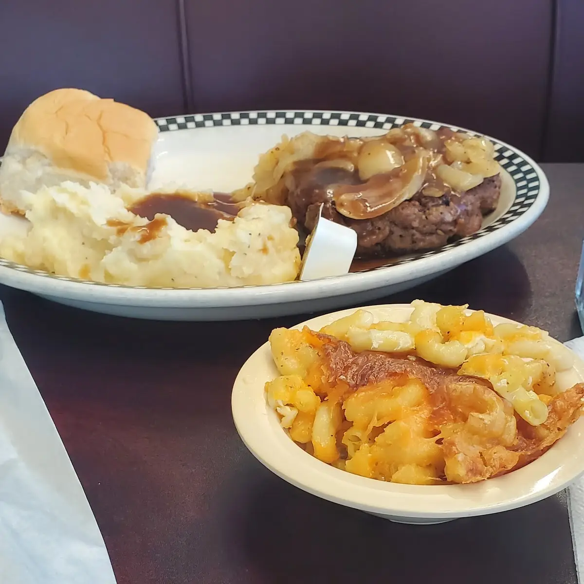 Hamburger Steak Mashed Potatoes and Gravy Mac and Cheese