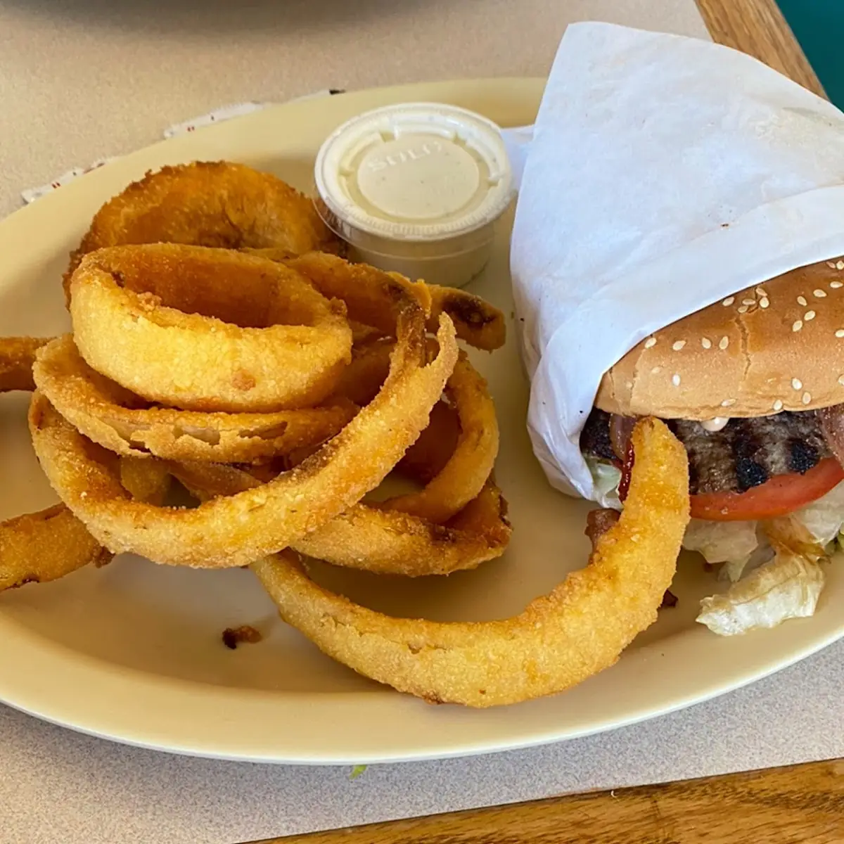 Bacon Hamburger and Onion Rings