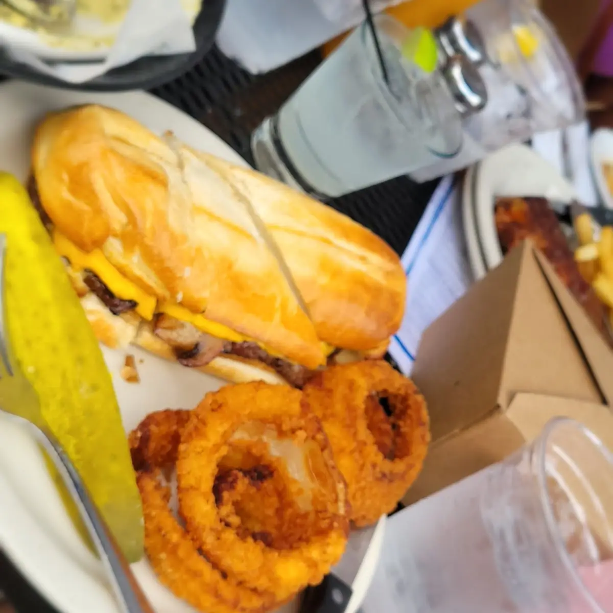 Steak Sandwich and Onion Rings