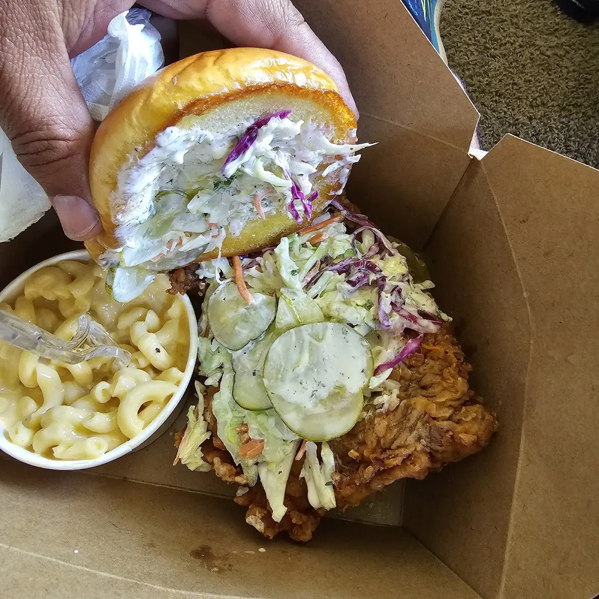 Fried Chicken Sandwich and Gouda Mac & Cheese