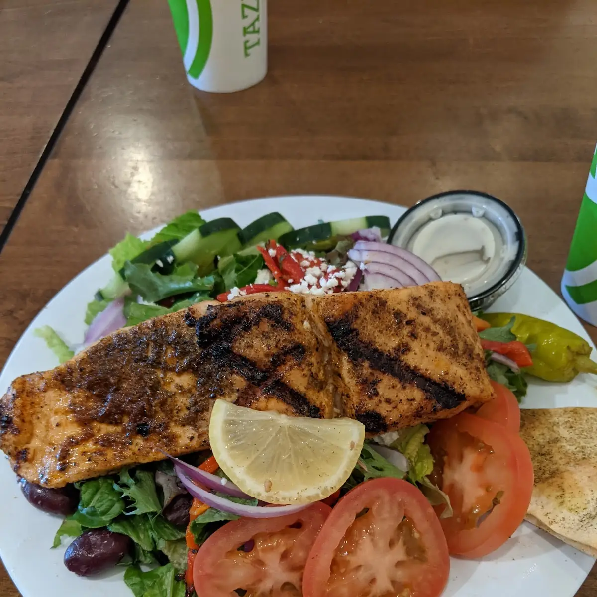 Greek Salad with Salmon Fillet