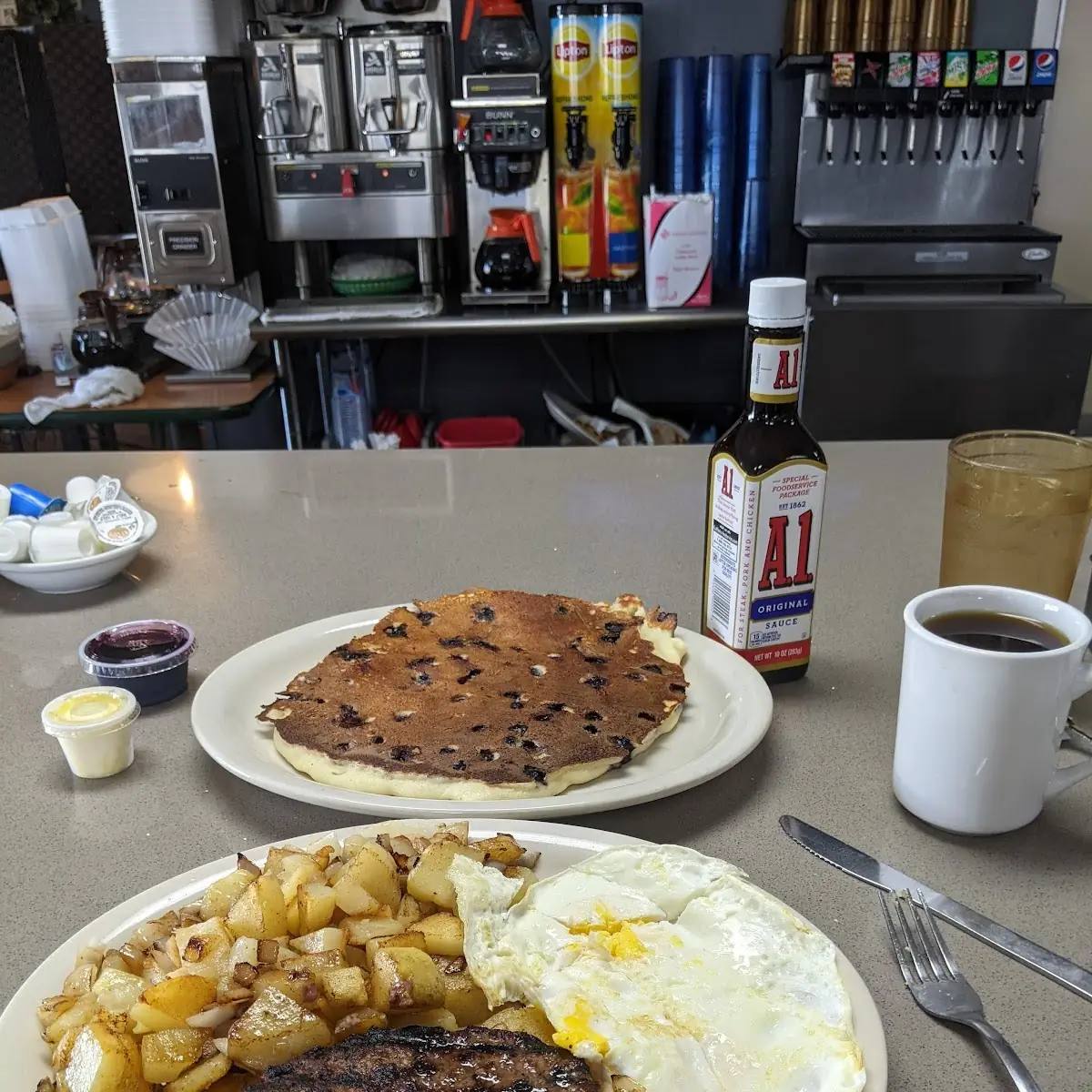 Chopped Steak and Eggs with Blueberry Pancake