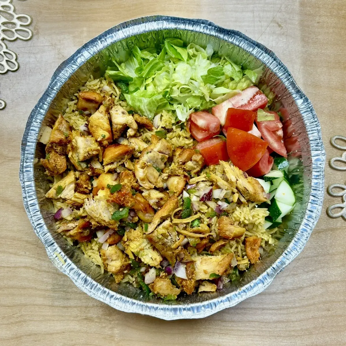 Chicken over Rice with Salad