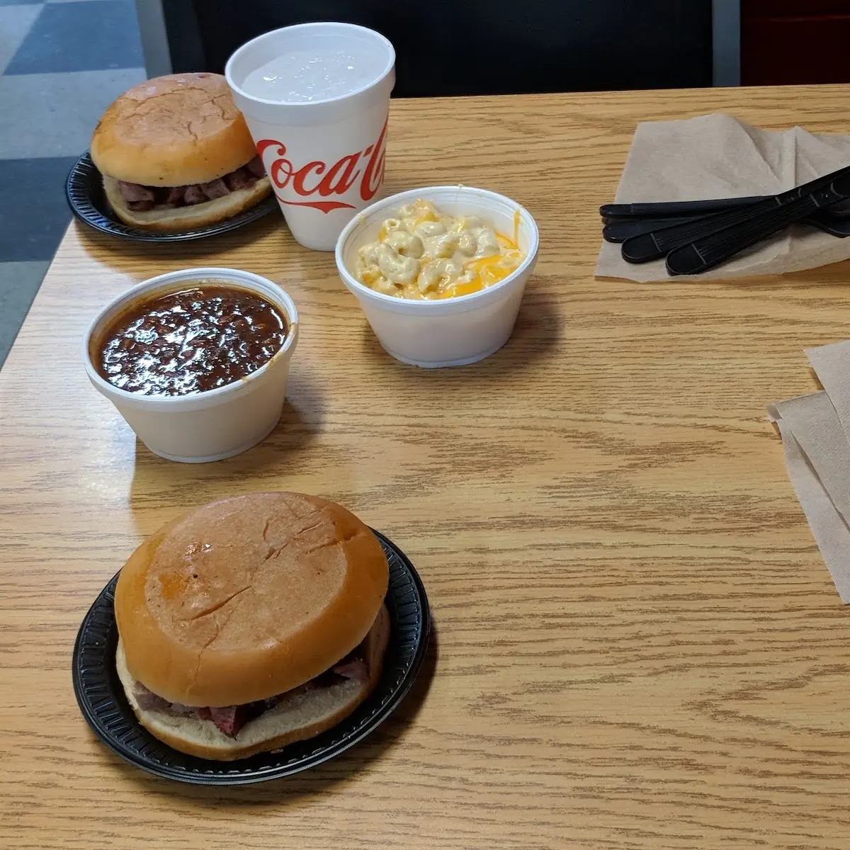 Chopped Pork Sandwich Baked Beans Mac and Cheese