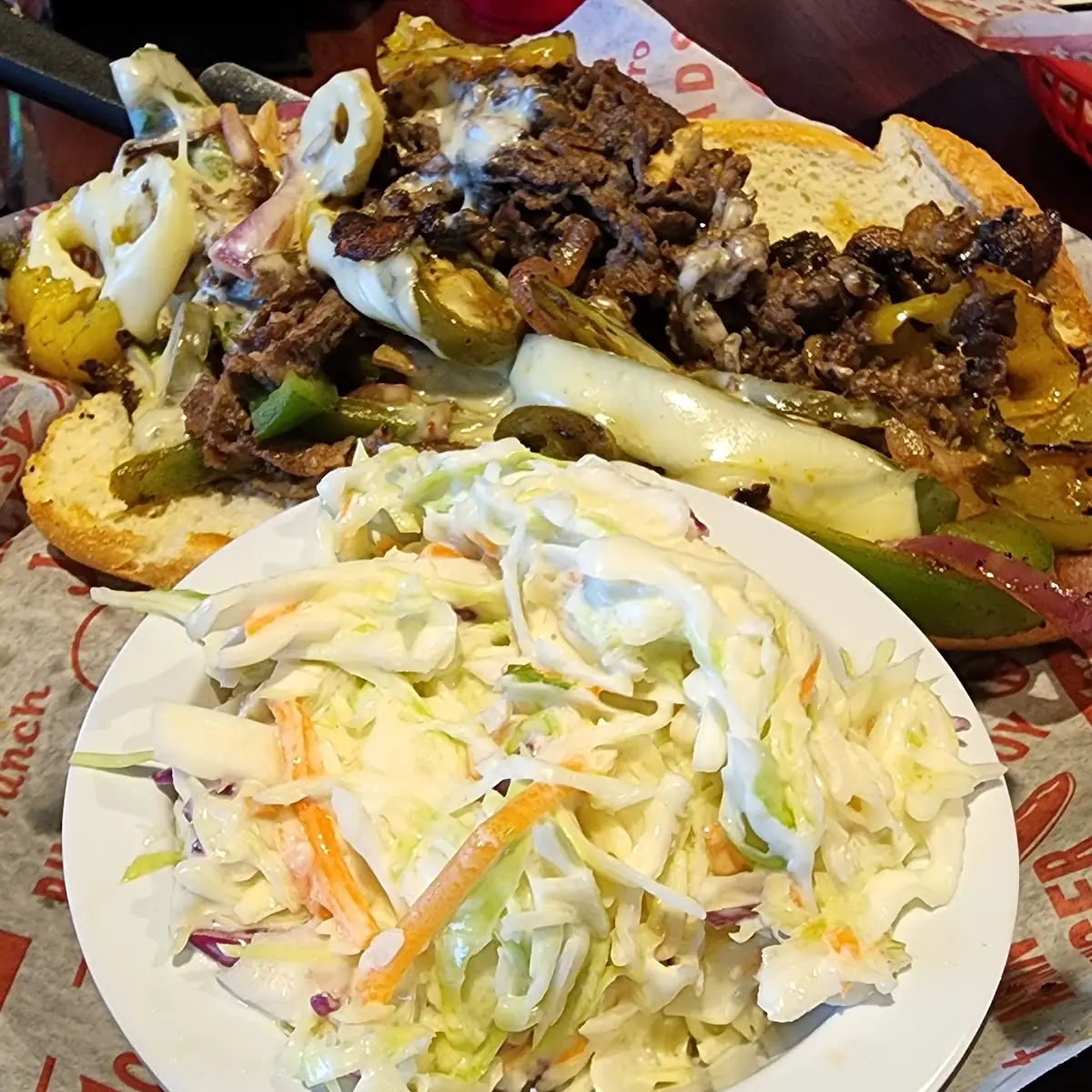 Philly Cheese Steak Sandwich and Coleslaw