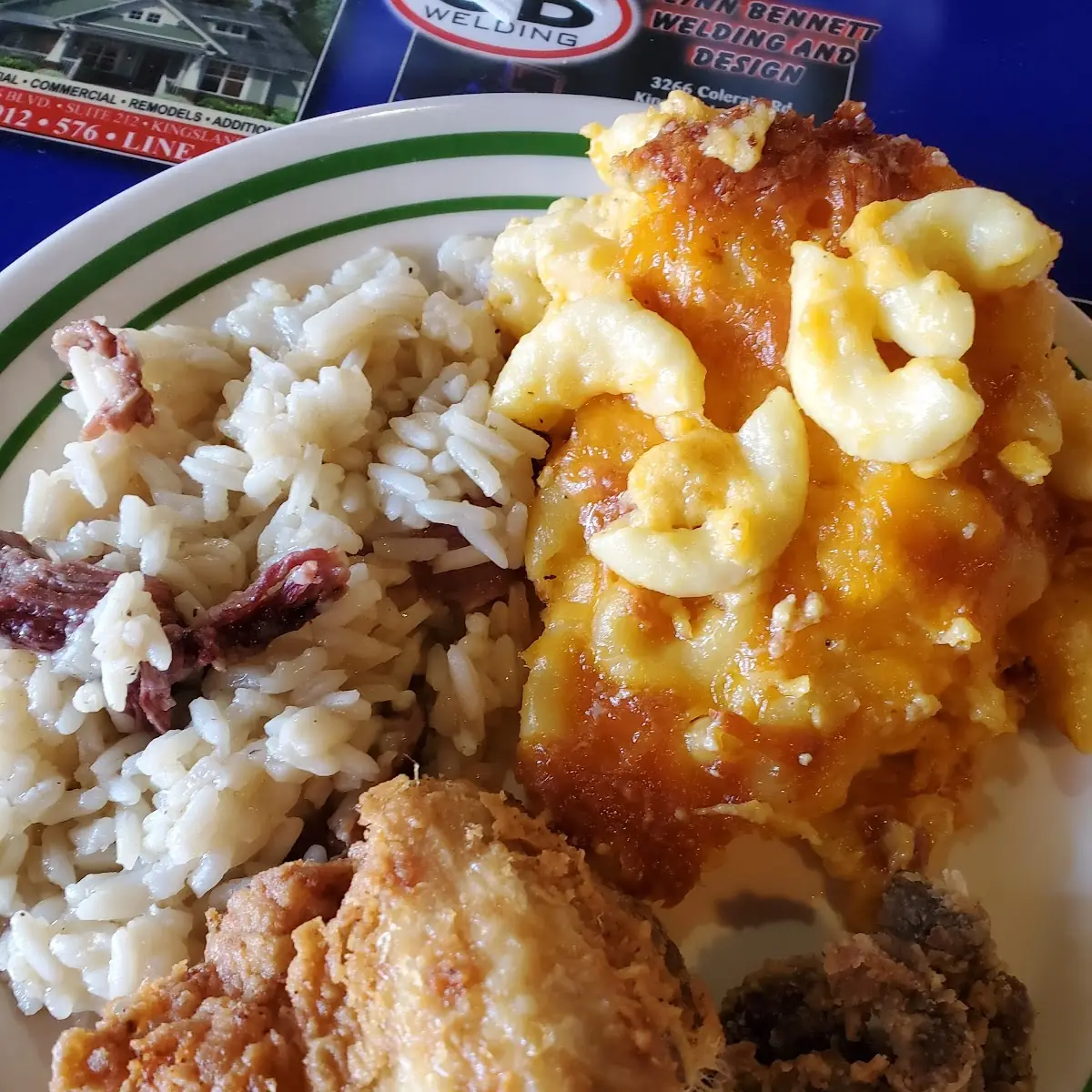Rice and Gravy Fried Chicken and Mac and Cheese