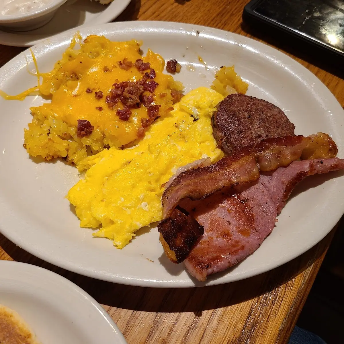 Bacon Sausage Eggs and Loaded Hash Browns