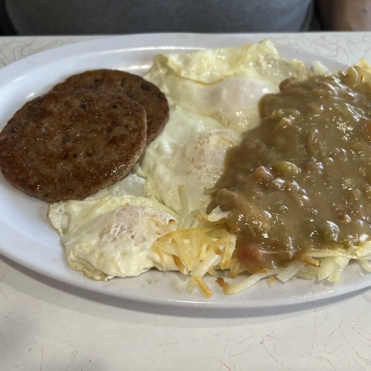 Sausage and Egg and Green Chili Hashbrowns