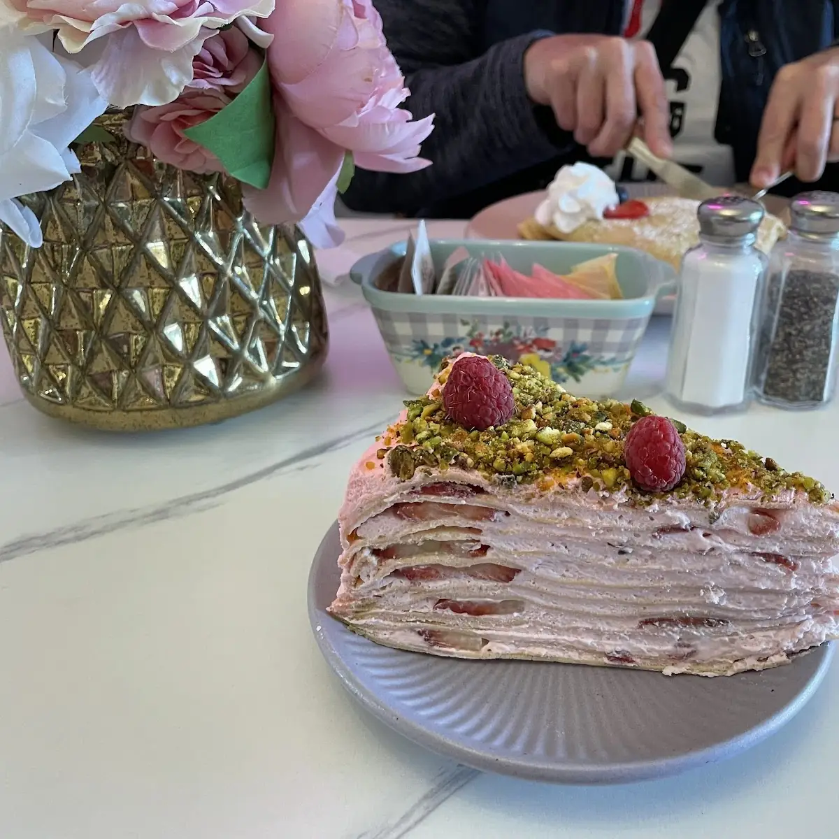 Raspberry Pistachio Crepe Cake