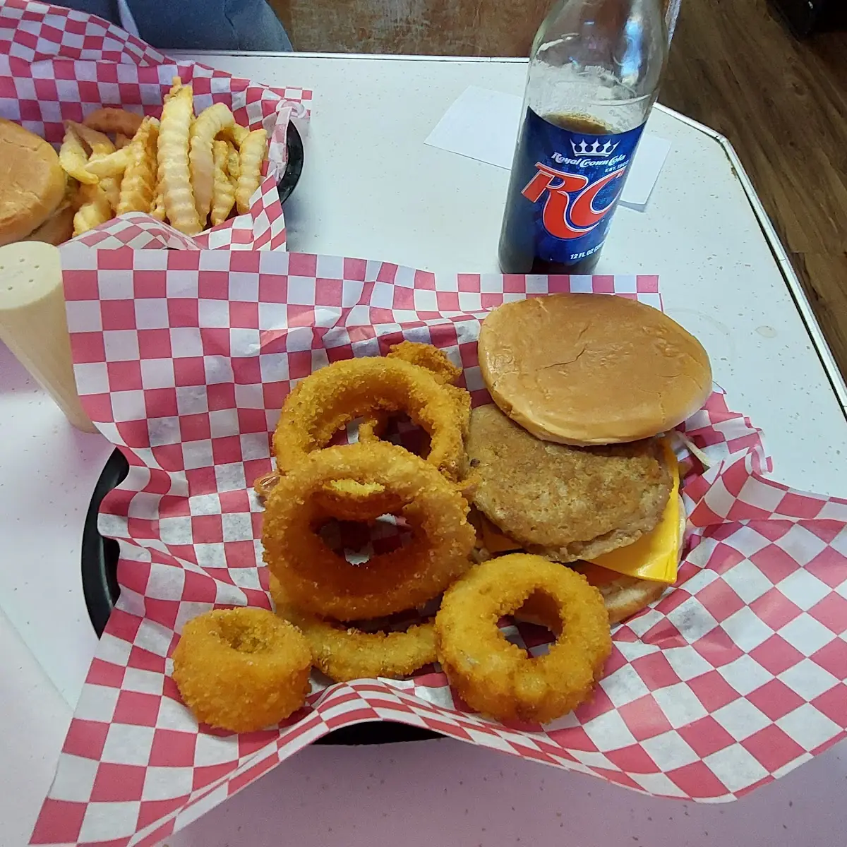 XL All Meat Cheeseburger and Crispy Onion Rings