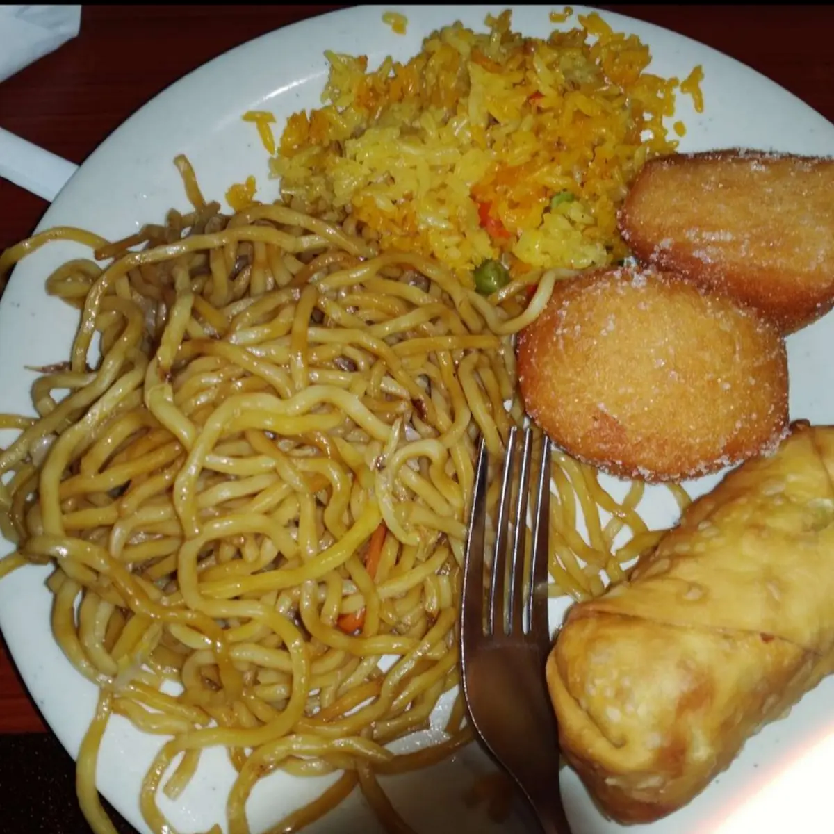 Lo Mein Noodles Fried Donuts and Egg Roll