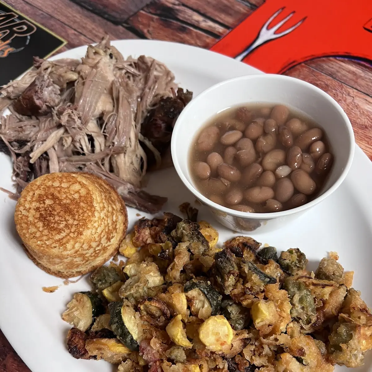 Pulled Pork Plate Fried Vegetables and Pinto Beans