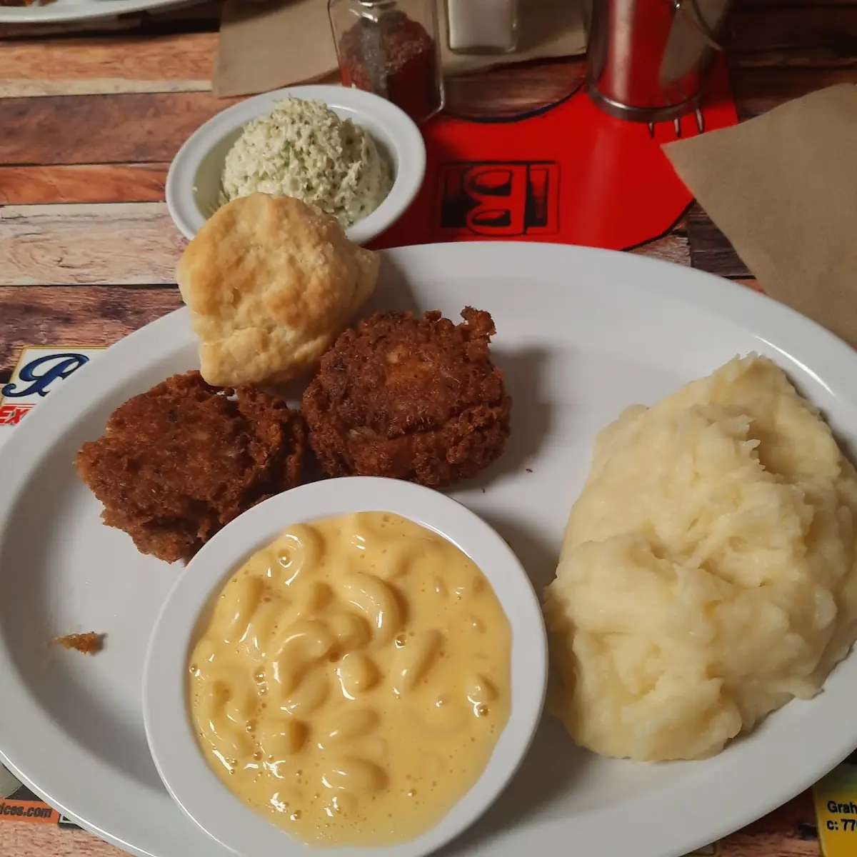 Salmon Patties Mashed Potatoes Mac and Cheese and Cole Slaw