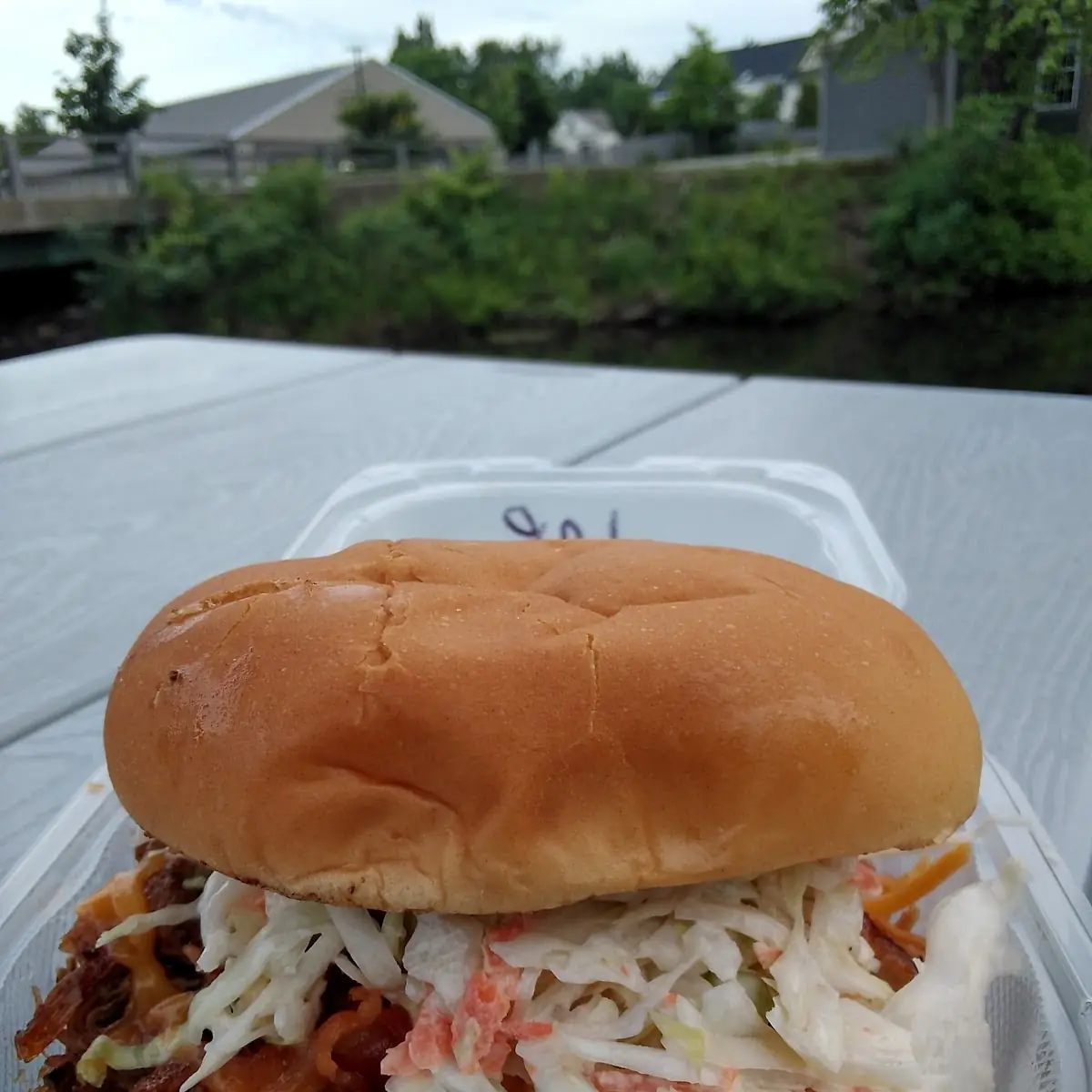 Pulled Pork Sandwich with Cheddar Cheese Coleslaw & Bacon