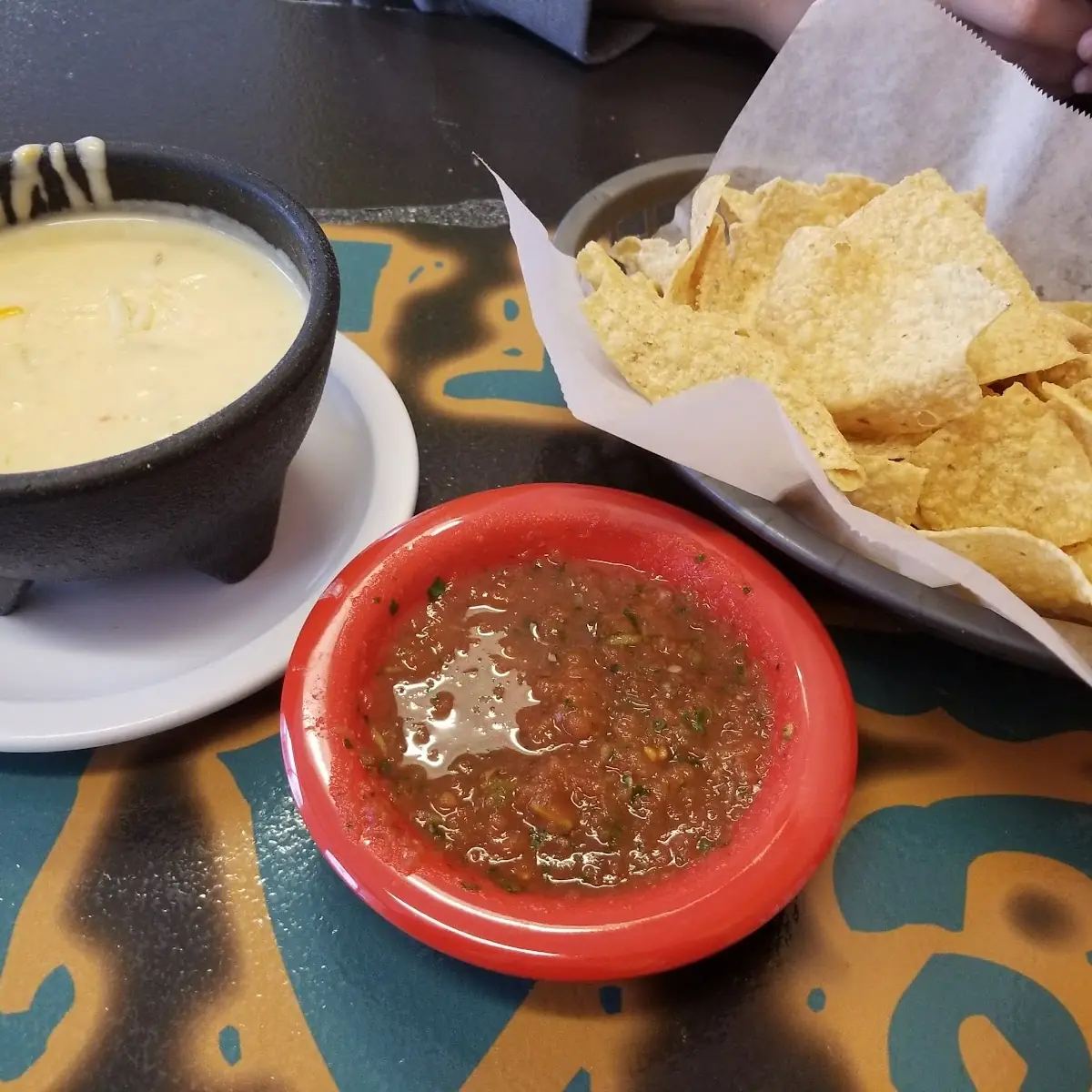 Chips Salsa and Queso Dip