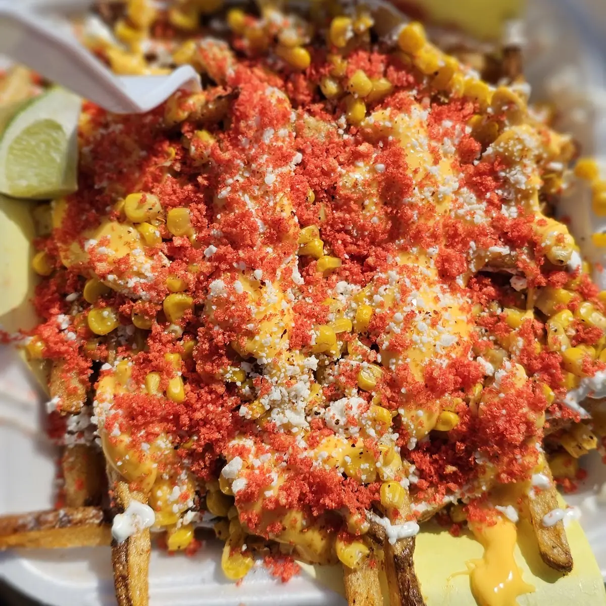 Elote Fries with Cheese Hot Cheeto Dusted