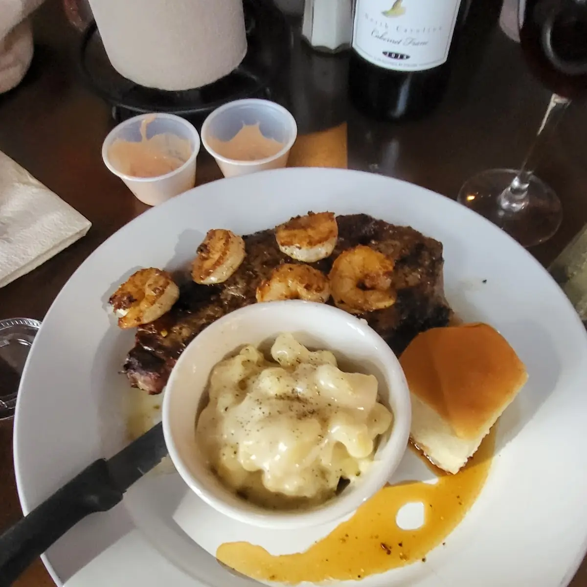 Steak with Shrimp and Mac and Cheese