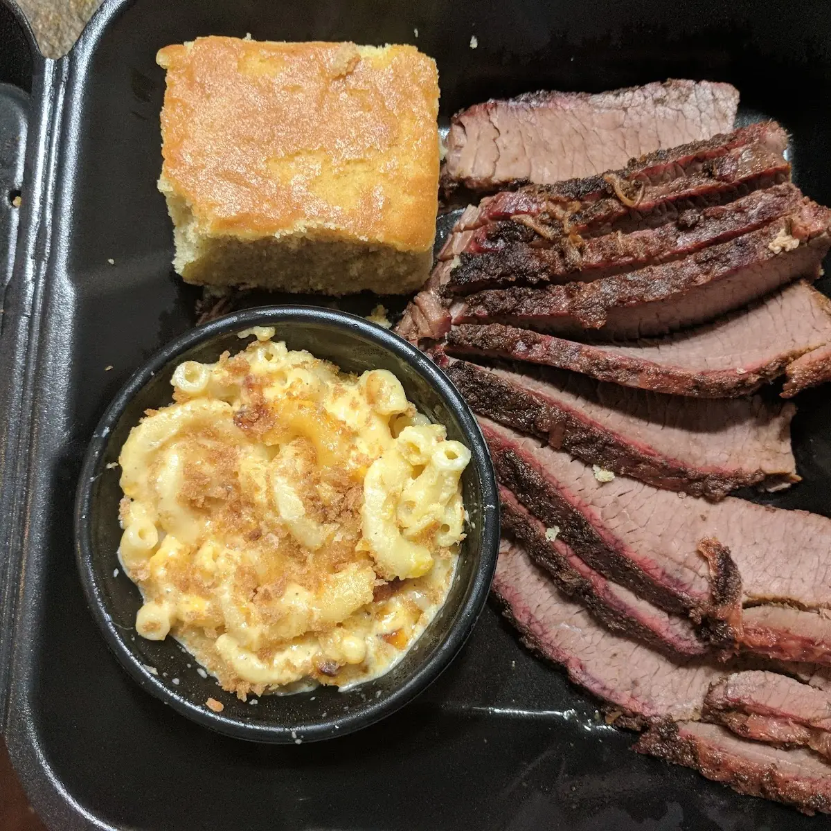 Brisket Side of Mac N Cheese and Corn Bread