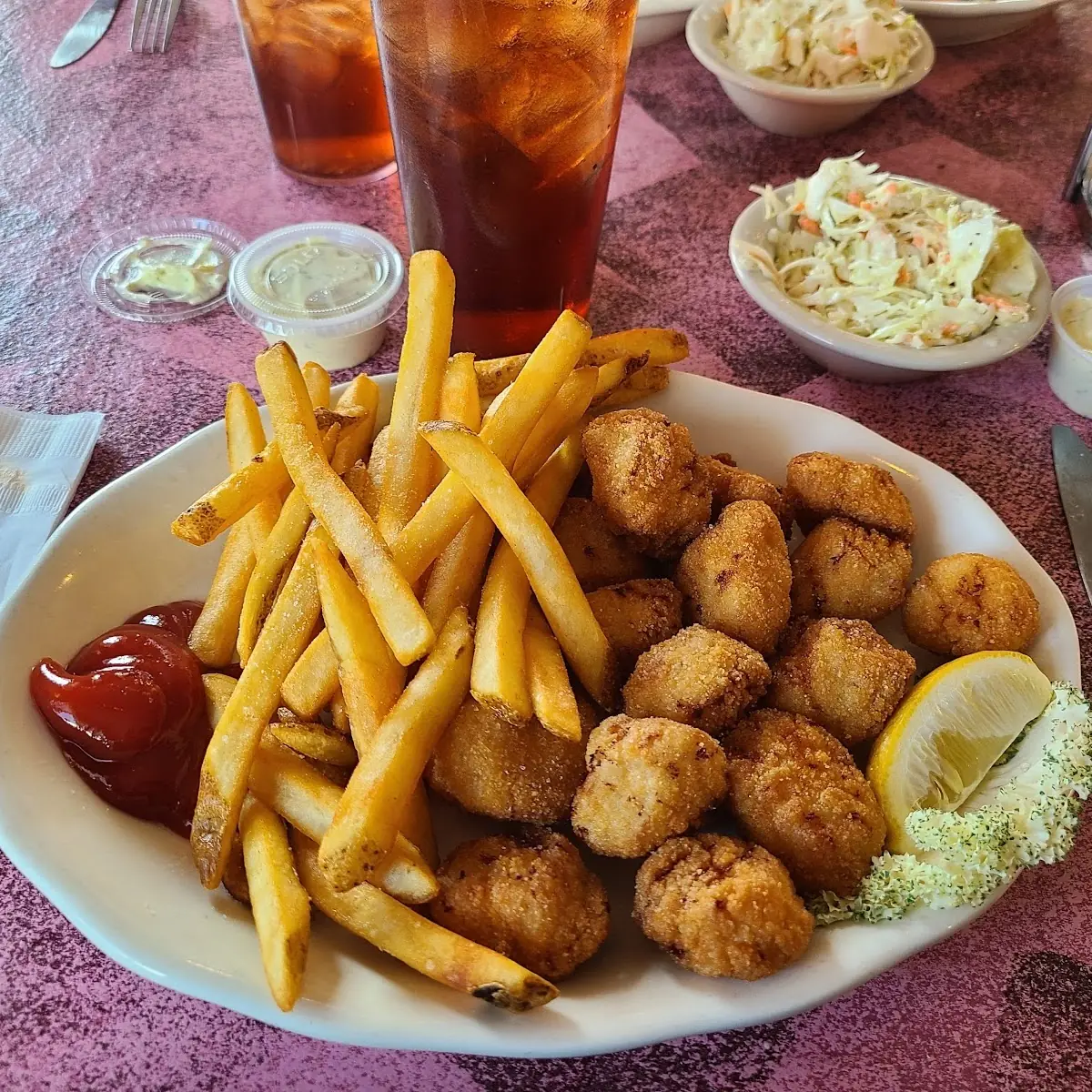 Fried Scallops with Fries and Coleslaw