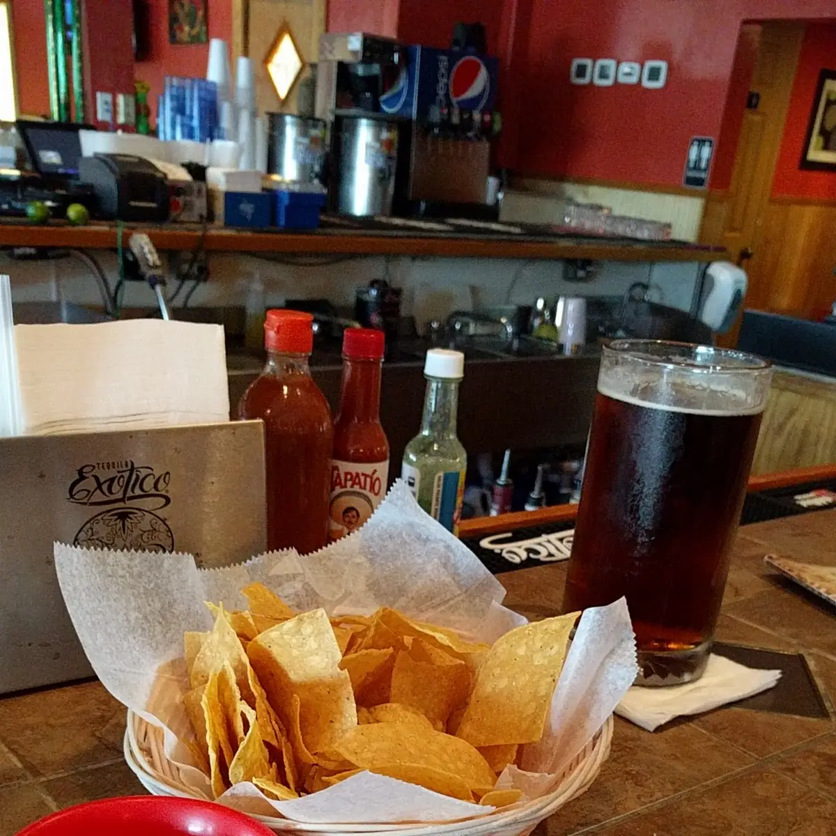 Chips Two Salsas and Dos Equis Amber