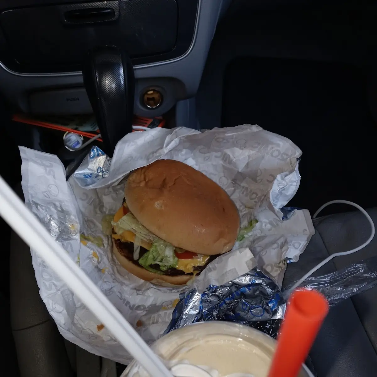 Single Sonic Cheeseburger with Caramel Shake Whipped Cream
