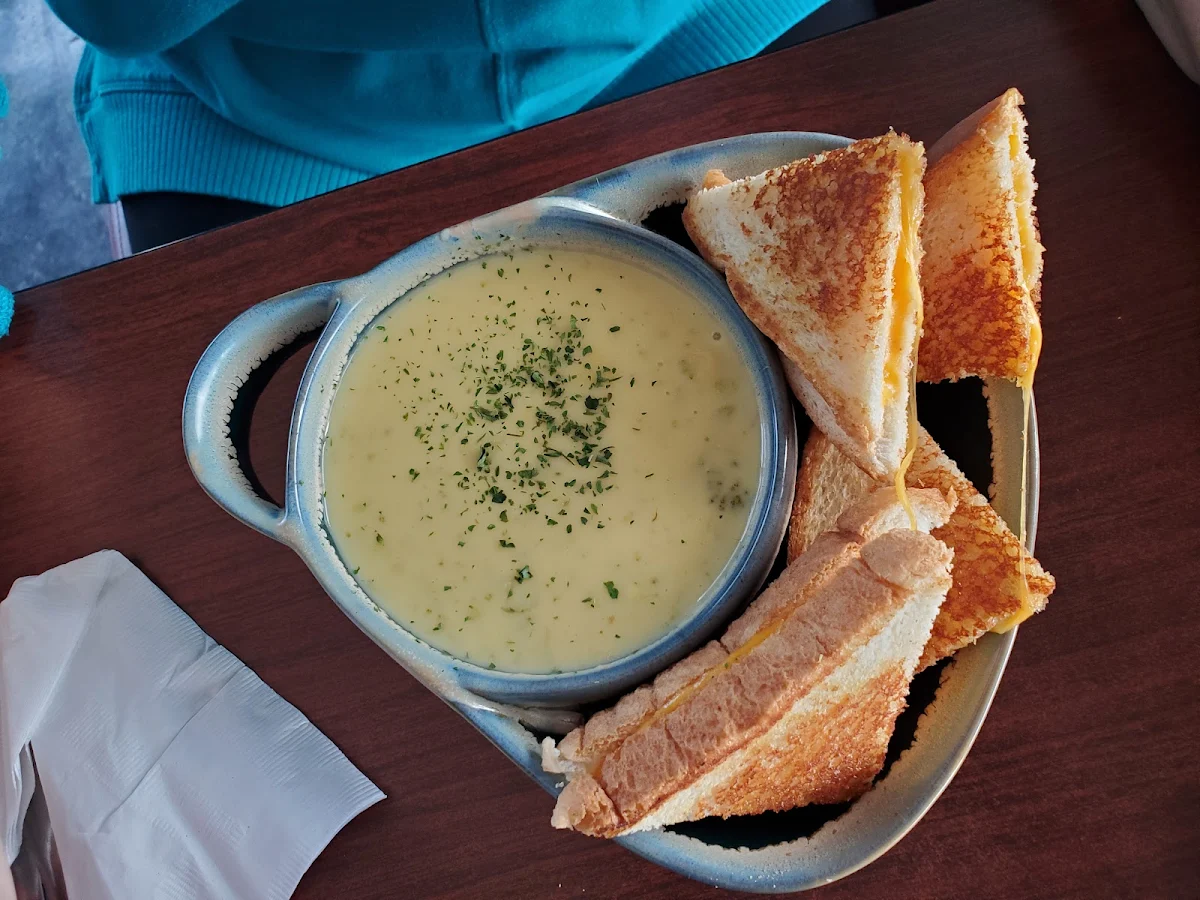 Broccoli and Cheese Soup with a Grilled Cheese