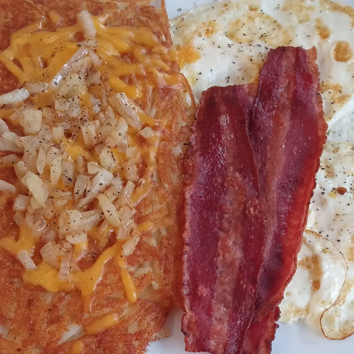 Hash Browns Turkey Bacon Egg over Well Done