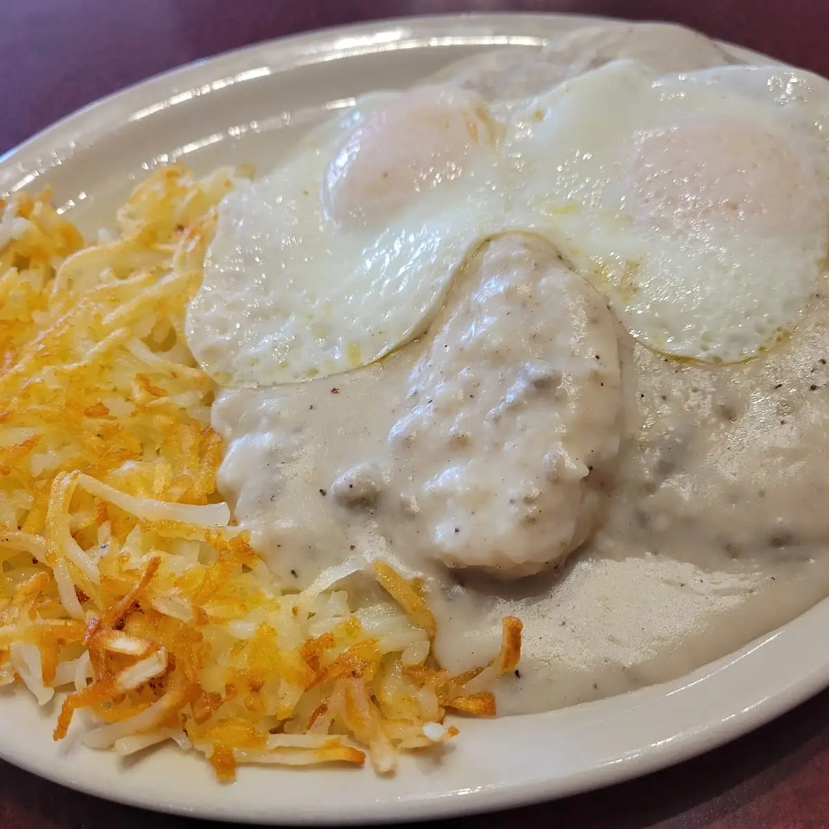 Biscuits and Gravy Hash Browns Eggs